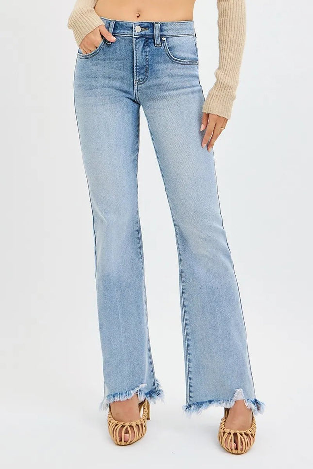 RISEN Full Size Tummy Control Mid Rise Flare Jeans with Fray Hem Detailed Plus Size - THE AMERICAN BLUE