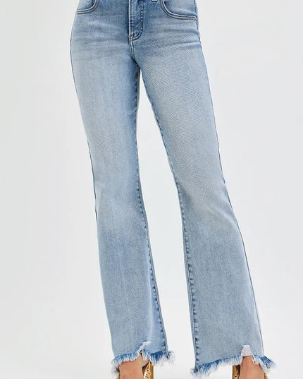 RISEN Full Size Tummy Control Mid Rise Flare Jeans with Fray Hem Detailed Plus Size - THE AMERICAN BLUE