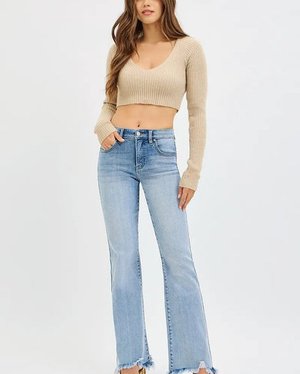RISEN Full Size Tummy Control Mid Rise Flare Jeans with Fray Hem Detailed Plus Size - THE AMERICAN BLUE