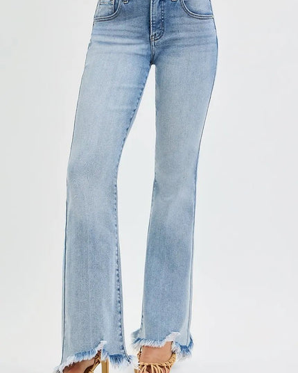 RISEN Full Size Tummy Control Mid Rise Flare Jeans with Fray Hem Detailed Plus Size - THE AMERICAN BLUE