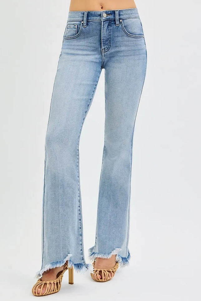RISEN Full Size Tummy Control Mid Rise Flare Jeans with Fray Hem Detailed Plus Size - THE AMERICAN BLUE