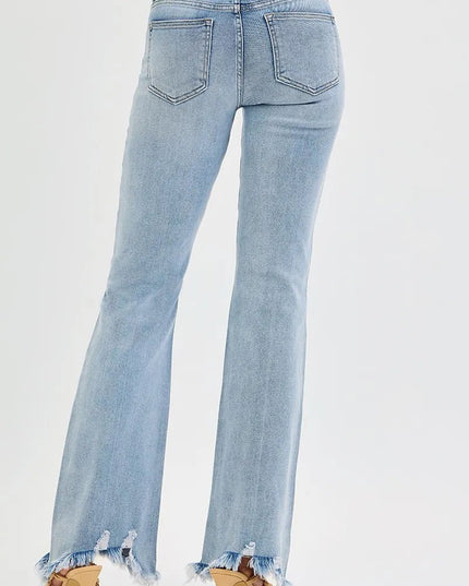 RISEN Full Size Tummy Control Mid Rise Flare Jeans with Fray Hem Detailed Plus Size - THE AMERICAN BLUE