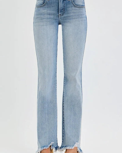 RISEN Full Size Tummy Control Mid Rise Flare Jeans with Fray Hem Detailed Plus Size - THE AMERICAN BLUE