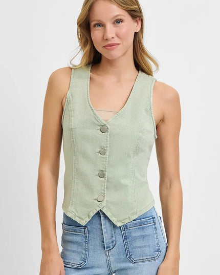 RISEN Full Size V Neck Button Down Vest Plus Size - THE AMERICAN BLUE