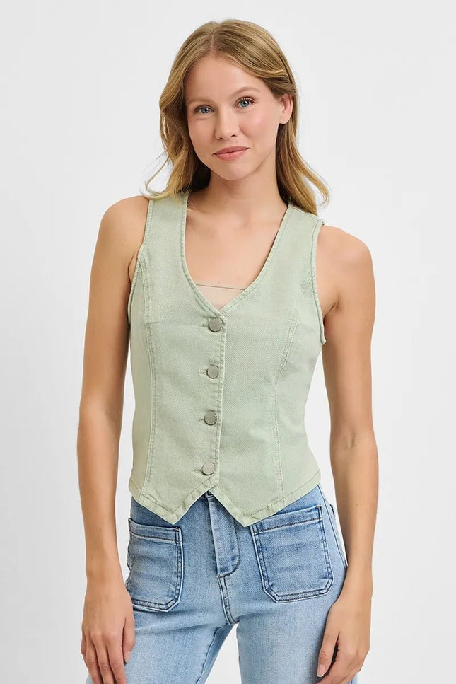 RISEN Full Size V Neck Button Down Vest Plus Size - THE AMERICAN BLUE