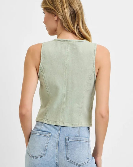 RISEN Full Size V Neck Button Down Vest Plus Size - THE AMERICAN BLUE