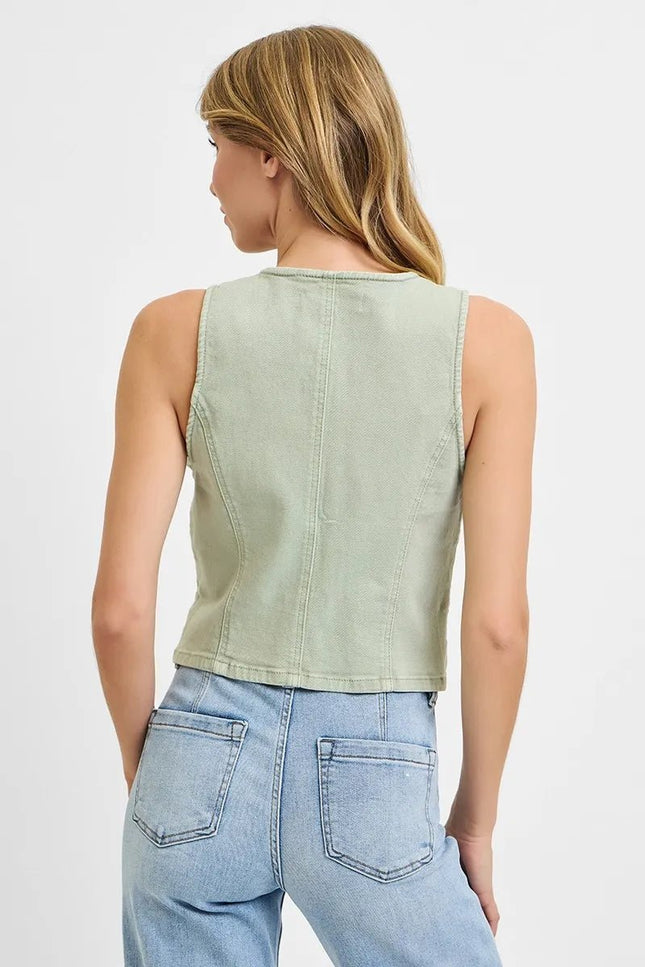 RISEN Full Size V Neck Button Down Vest Plus Size - THE AMERICAN BLUE