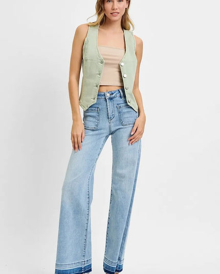 RISEN Full Size V Neck Button Down Vest Plus Size - THE AMERICAN BLUE