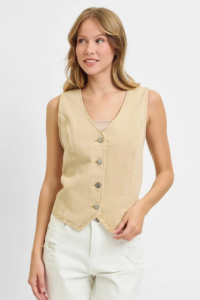 RISEN Full Size V Neck Button Down Vest Plus Size - THE AMERICAN BLUE