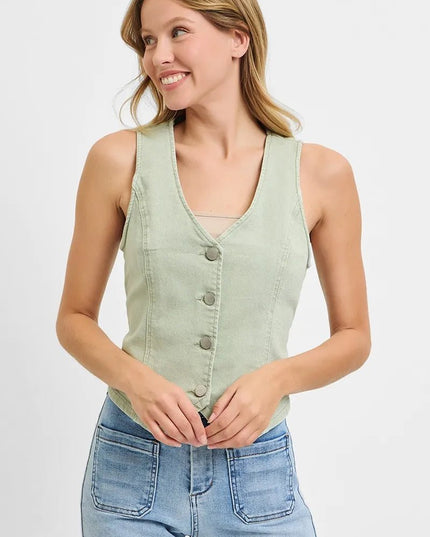 RISEN Full Size V Neck Button Down Vest Plus Size - THE AMERICAN BLUE