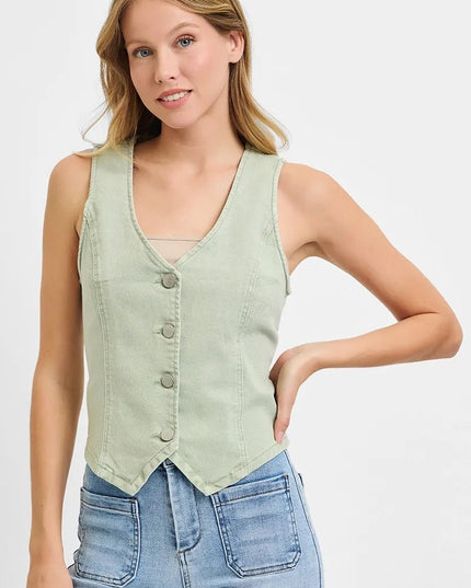 RISEN Full Size V Neck Button Down Vest Plus Size - THE AMERICAN BLUE