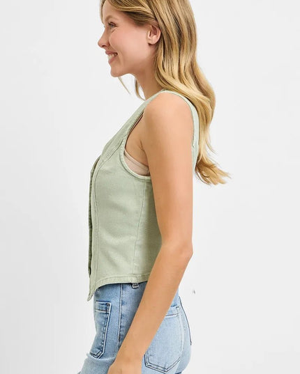 RISEN Full Size V Neck Button Down Vest Plus Size - THE AMERICAN BLUE