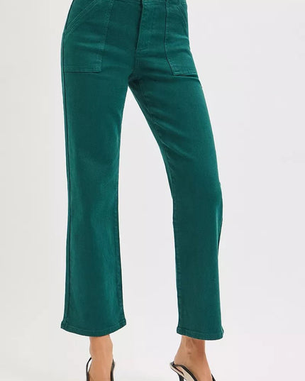 RISEN High Rise Ankle Flare Patch Pocket Jeans - THE AMERICAN BLUE