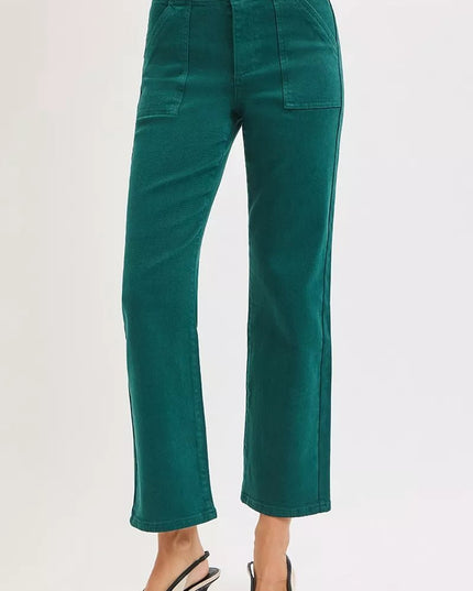 RISEN High Rise Ankle Flare Patch Pocket Jeans - THE AMERICAN BLUE
