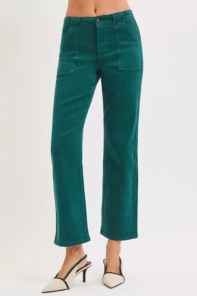 RISEN High Rise Ankle Flare Patch Pocket Jeans - THE AMERICAN BLUE