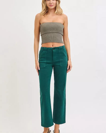 RISEN High Rise Ankle Flare Patch Pocket Jeans - THE AMERICAN BLUE