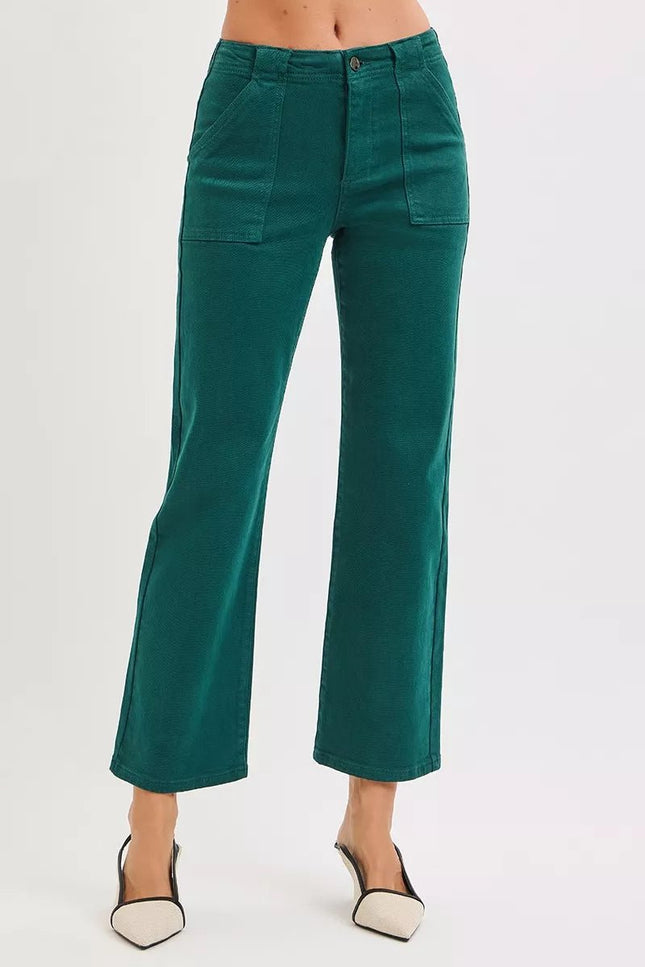 RISEN High Rise Ankle Flare Patch Pocket Jeans - THE AMERICAN BLUE
