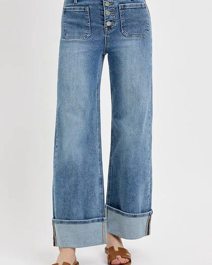 RISEN High Rise Ankle Wide Button Patch Pocket Cuffed Jeans - THE AMERICAN BLUE