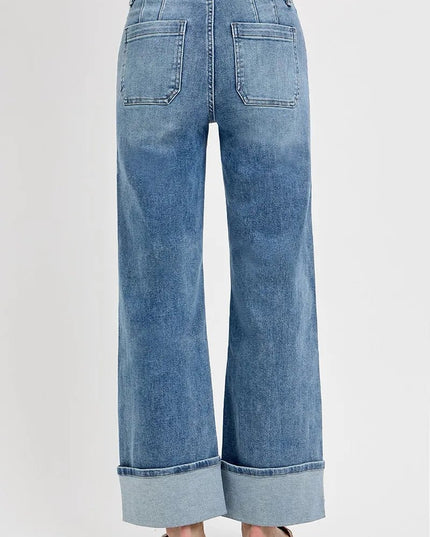 RISEN High Rise Ankle Wide Button Patch Pocket Cuffed Jeans - THE AMERICAN BLUE