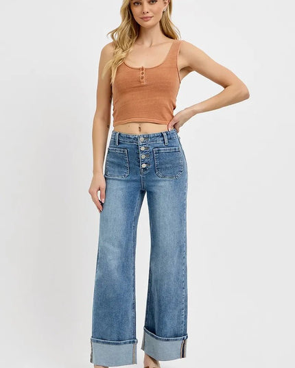 RISEN High Rise Ankle Wide Button Patch Pocket Cuffed Jeans - THE AMERICAN BLUE
