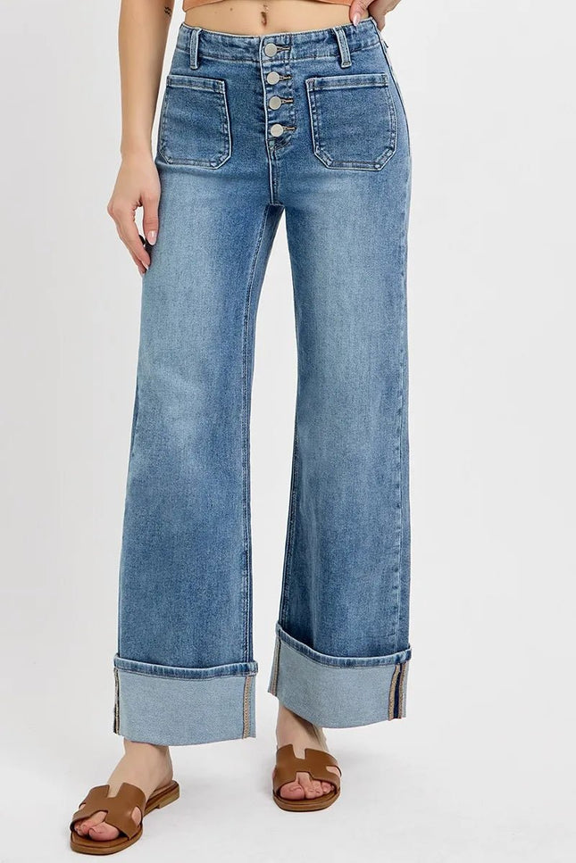RISEN High Rise Ankle Wide Button Patch Pocket Cuffed Jeans - THE AMERICAN BLUE