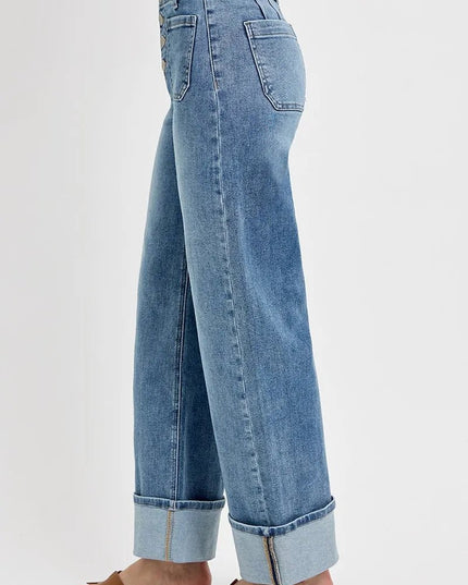 RISEN High Rise Ankle Wide Button Patch Pocket Cuffed Jeans - THE AMERICAN BLUE