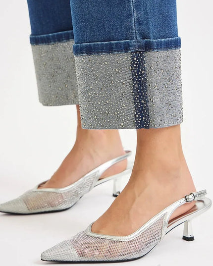 RISEN High Rise Ankle Wide Rhine Stone Cuffed Jeans - THE AMERICAN BLUE