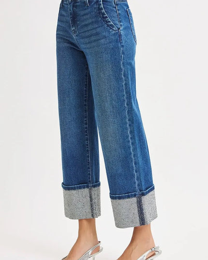 RISEN High Rise Ankle Wide Rhine Stone Cuffed Jeans - THE AMERICAN BLUE