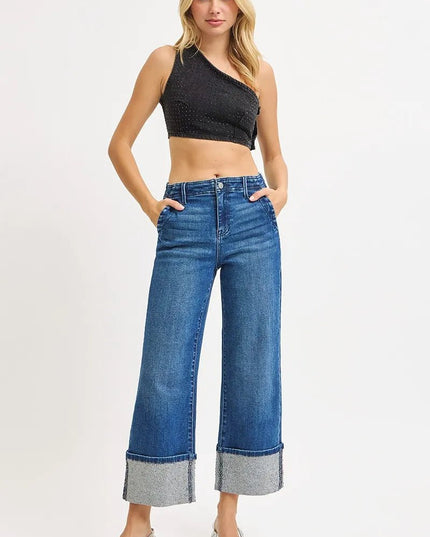RISEN High Rise Ankle Wide Rhine Stone Cuffed Jeans - THE AMERICAN BLUE