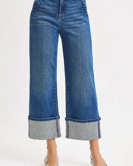 RISEN High Rise Ankle Wide Rhine Stone Cuffed Jeans - THE AMERICAN BLUE