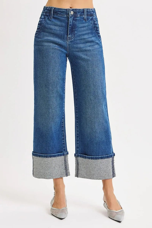 RISEN High Rise Ankle Wide Rhine Stone Cuffed Jeans - THE AMERICAN BLUE