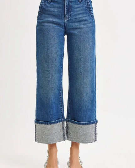 RISEN High Rise Ankle Wide Rhine Stone Cuffed Jeans - THE AMERICAN BLUE