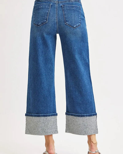 RISEN High Rise Ankle Wide Rhine Stone Cuffed Jeans - THE AMERICAN BLUE