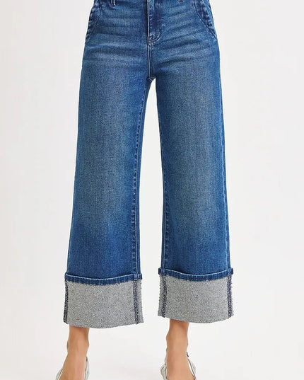 RISEN High Rise Ankle Wide Rhine Stone Cuffed Jeans - THE AMERICAN BLUE
