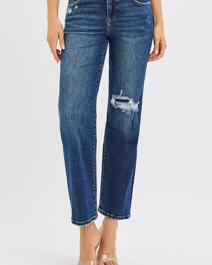 RISEN High Rise Crop Slim Straight Jenas with Hidden Knee Patch - THE AMERICAN BLUE