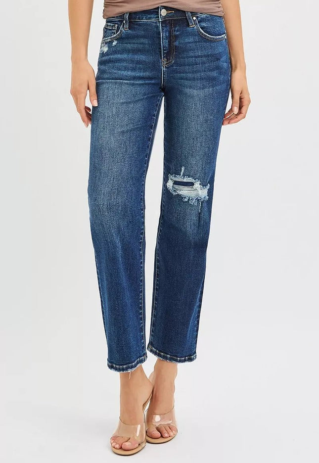 RISEN High Rise Crop Slim Straight Jenas with Hidden Knee Patch - THE AMERICAN BLUE