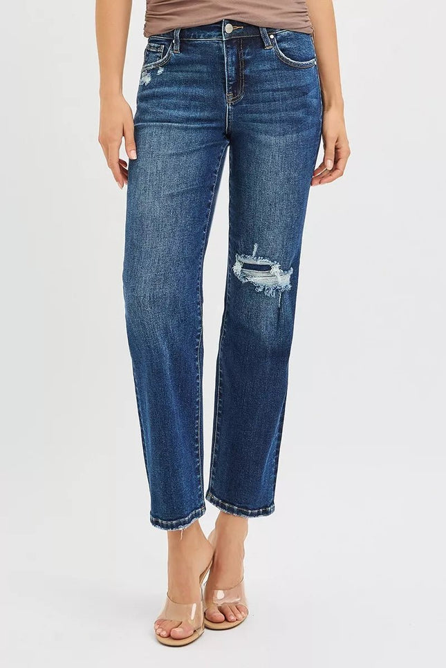 RISEN High Rise Crop Slim Straight Jenas with Hidden Knee Patch - THE AMERICAN BLUE