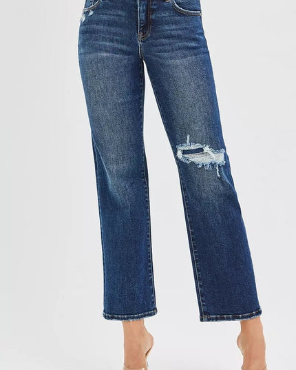 RISEN High Rise Crop Slim Straight Jenas with Hidden Knee Patch - THE AMERICAN BLUE