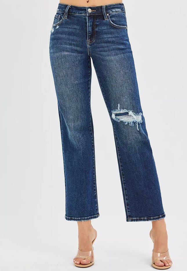RISEN High Rise Crop Slim Straight Jenas with Hidden Knee Patch - THE AMERICAN BLUE