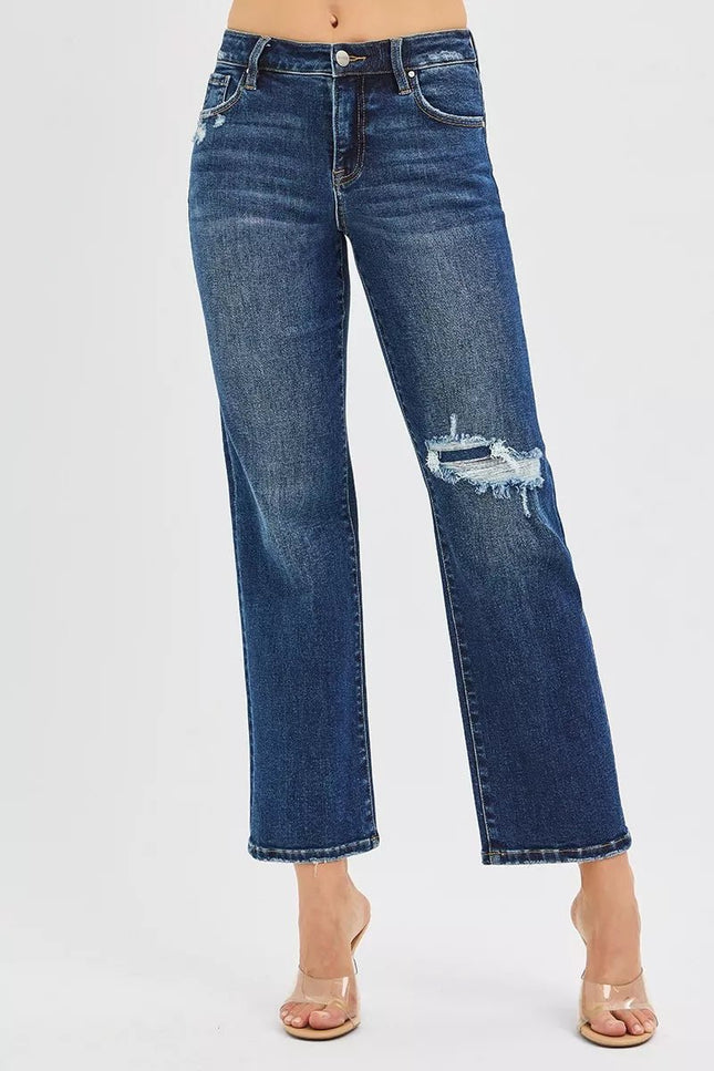RISEN High Rise Crop Slim Straight Jenas with Hidden Knee Patch - THE AMERICAN BLUE