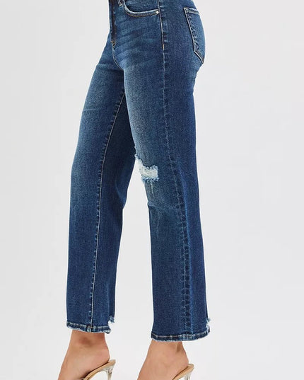 RISEN High Rise Crop Slim Straight Jenas with Hidden Knee Patch - THE AMERICAN BLUE