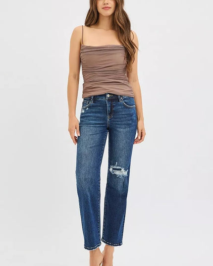 RISEN High Rise Crop Slim Straight Jenas with Hidden Knee Patch - THE AMERICAN BLUE