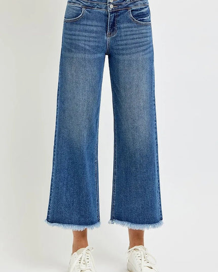 RISEN High Rise Crop Wide Leg Jeans with Wide Band Detail - THE AMERICAN BLUE
