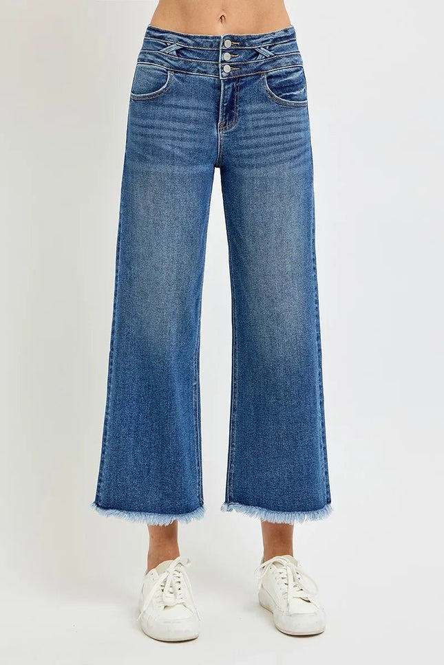 RISEN High Rise Crop Wide Leg Jeans with Wide Band Detail - THE AMERICAN BLUE
