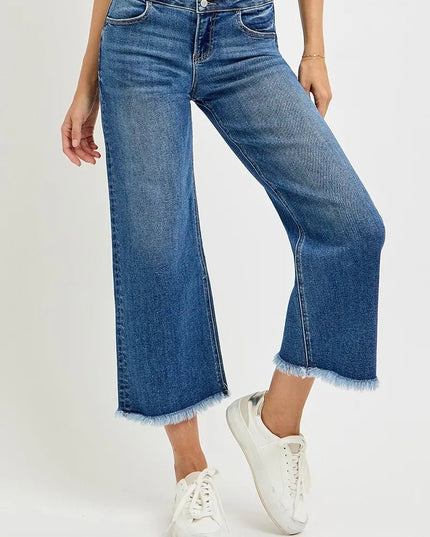 RISEN High Rise Crop Wide Leg Jeans with Wide Band Detail - THE AMERICAN BLUE
