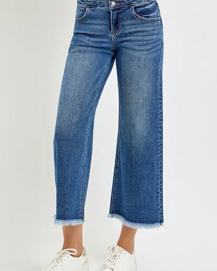 RISEN High Rise Crop Wide Leg Jeans with Wide Band Detail - THE AMERICAN BLUE