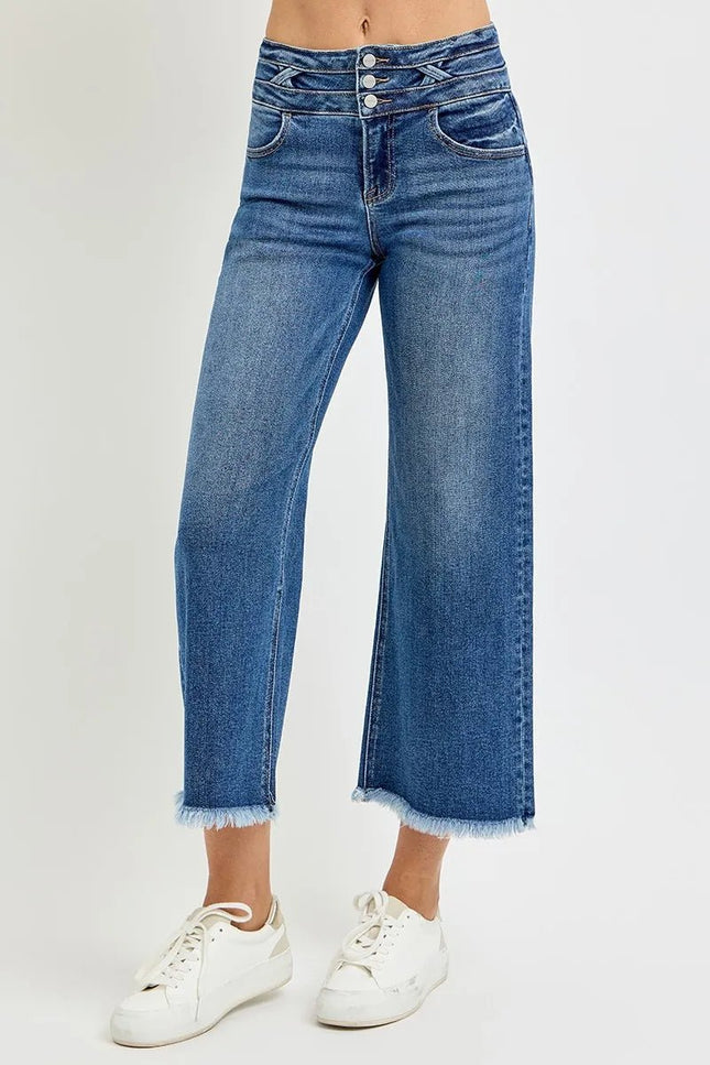 RISEN High Rise Crop Wide Leg Jeans with Wide Band Detail - THE AMERICAN BLUE