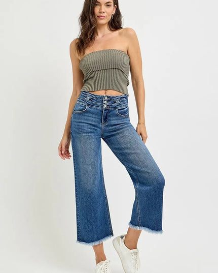 RISEN High Rise Crop Wide Leg Jeans with Wide Band Detail - THE AMERICAN BLUE