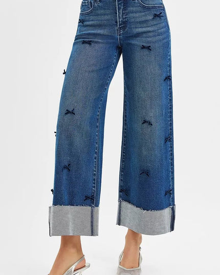RISEN High Rise Crop Wide Leg Ribbon Detail Jeans - THE AMERICAN BLUE