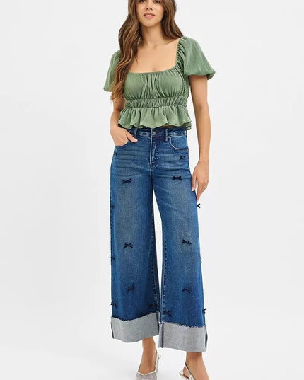RISEN High Rise Crop Wide Leg Ribbon Detail Jeans - THE AMERICAN BLUE